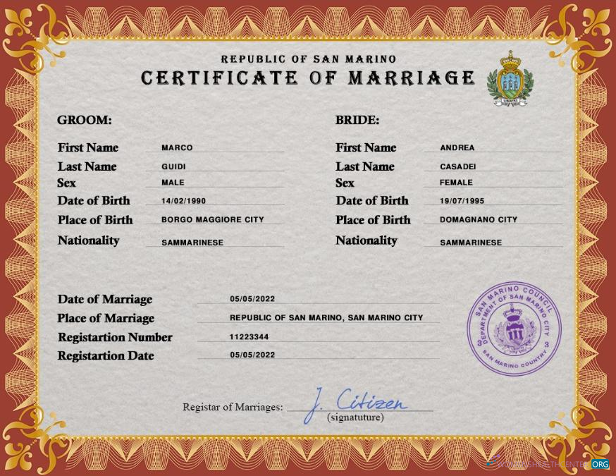 Download San Marino marriage certificate PSD template Photoshop template